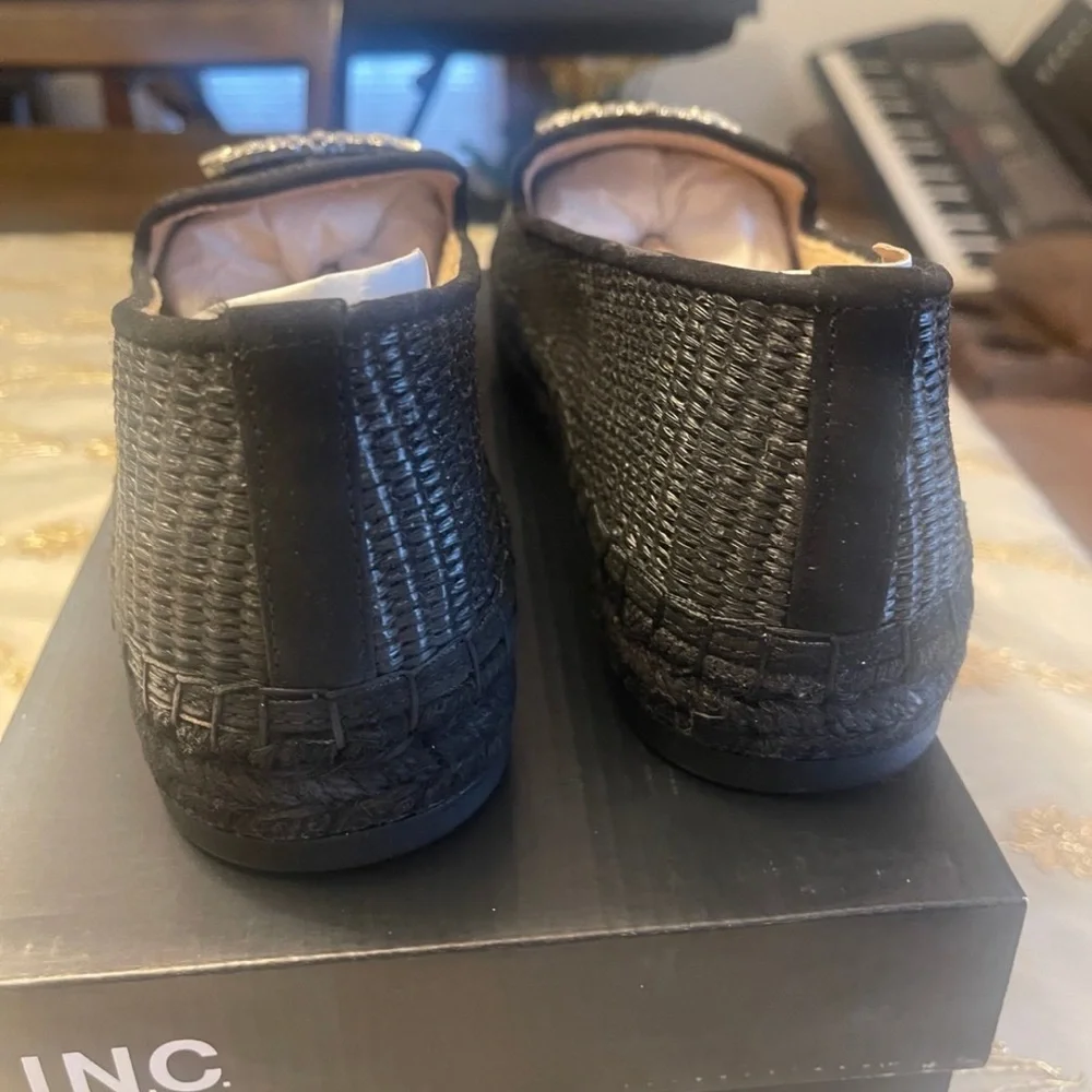 INC International Concepts Black Espadrille Loafers with Silver Accent Brooch